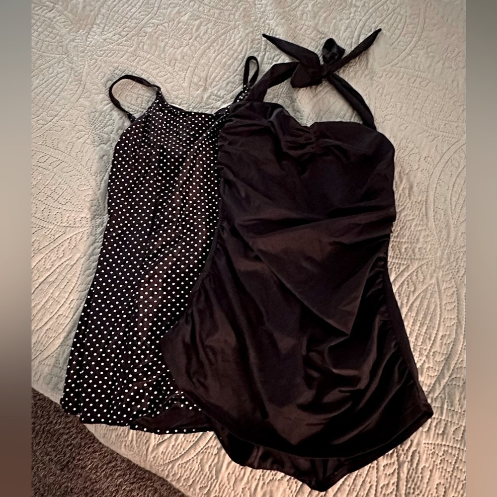 1940s style bathing suits in polka dots and black.